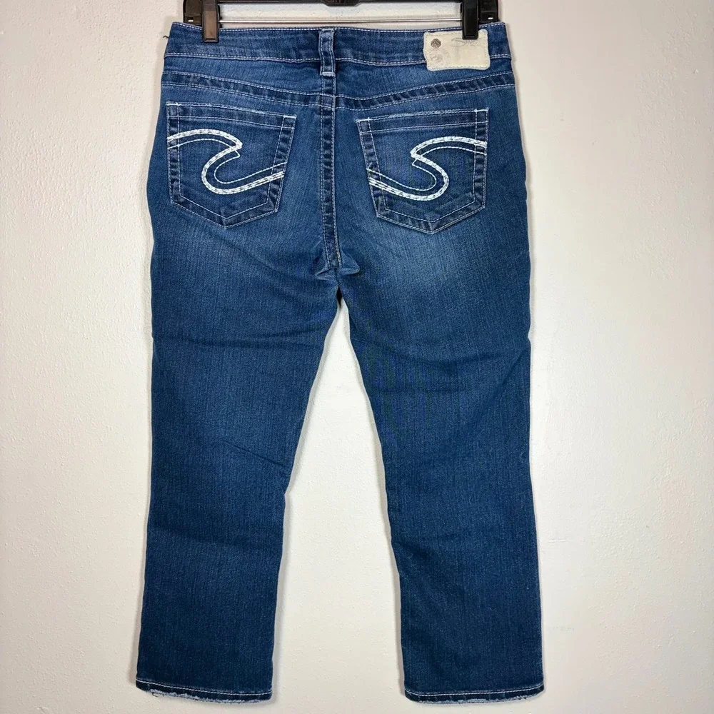 Silver Jeans Co Aiko Capri Dark Wash Denim Embroidered Pocket Jeans Womens 29